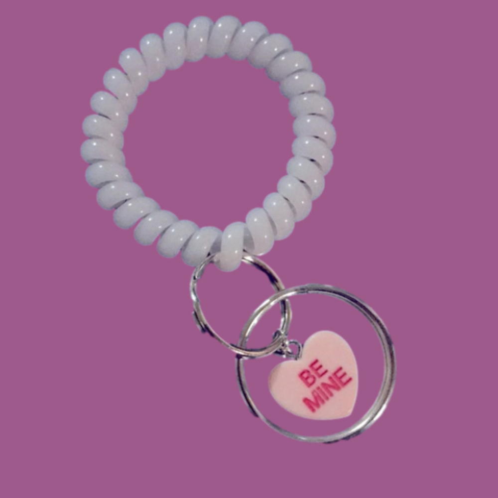 CONVERSATION HEART CHARM on Silvertone Metal Key Ring w/Spiral Stretch Band